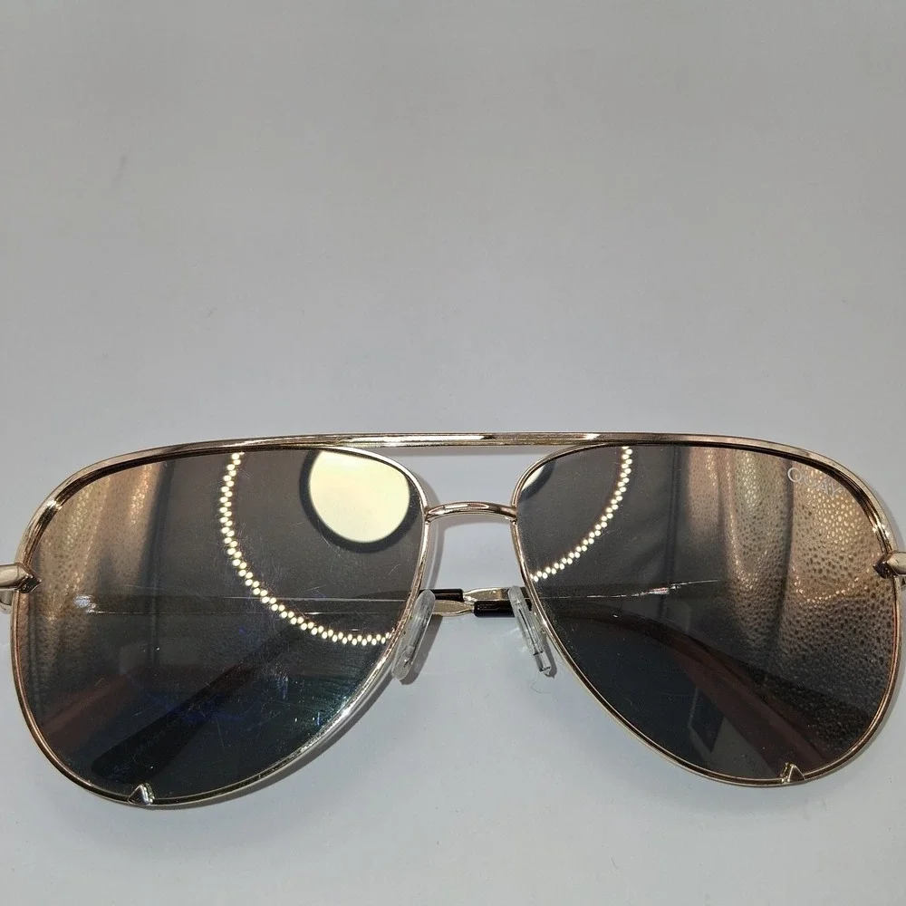 QUAY Sunglasses Women's Gold Frame Mirrored Black Lenses Aviator 64mm